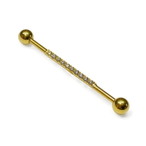 Piercing industrial de acero quirúrgico con baño de oro 24kt y una hilera de zirconias