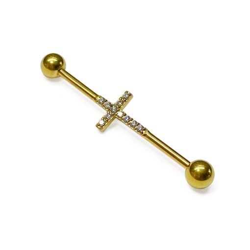 Piercing industrial de acero quirúrgico con baño de oro 24Kt con una cruz con zirconias