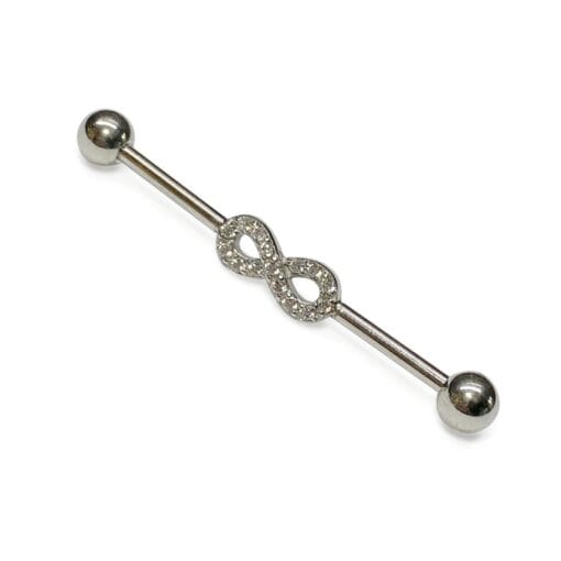 Piercing industrial de acero quirúrgico con zirconias y forma de infinito