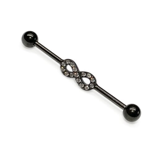 Piercing industrial negro con zirconias y forma de infinito