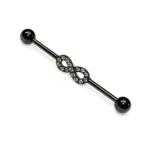 Piercing industrial negro con zirconias y forma de infinito