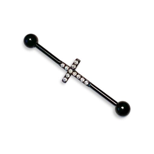 Piercing industrial de acero quirúrgico negro con una cruz con zirconias